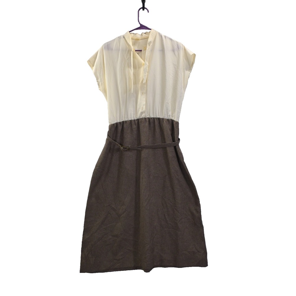 Vintage 1970s Dress Cream Brown Colorblock Belted Secretary Size M Union Made US